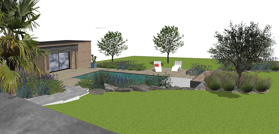 conception 3d jardin avec l'étude paysagère